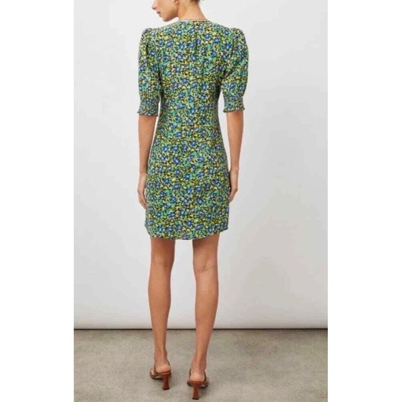 Rails Roma Abstract Floral V-Neck Mini Dress Blue Green Yellow Puff Sleeve XS - Picture 4 of 12